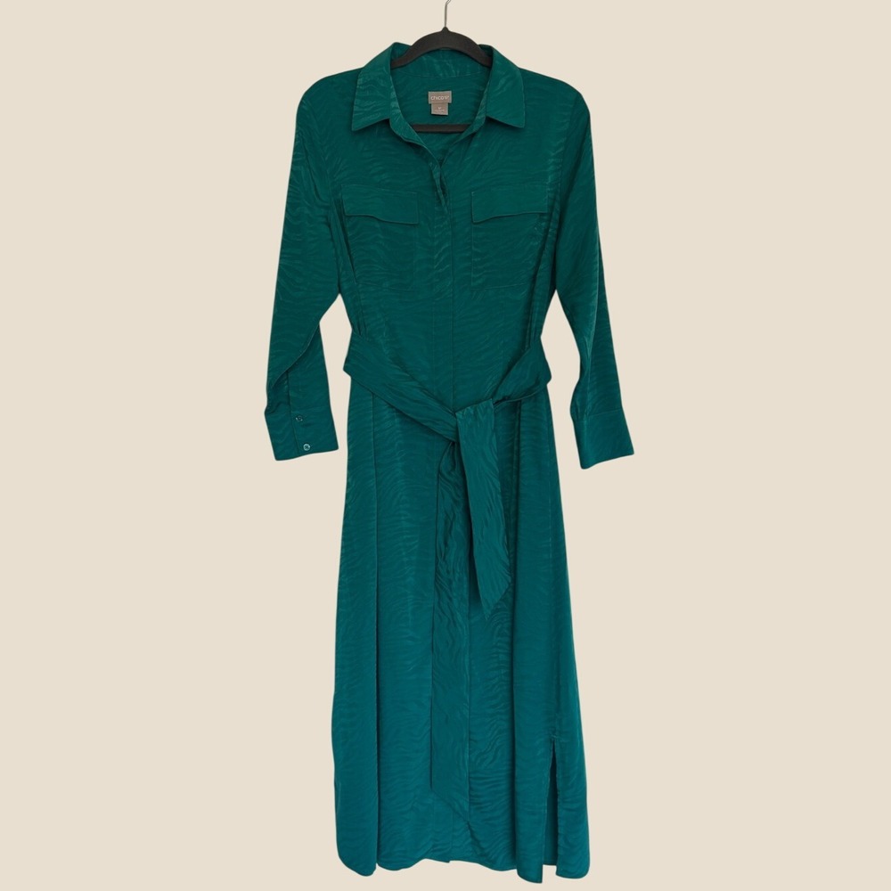 Chico's New MP Jaquard Tonal Animal Print Teal Maxi Shirt Dress with Tie Pockets